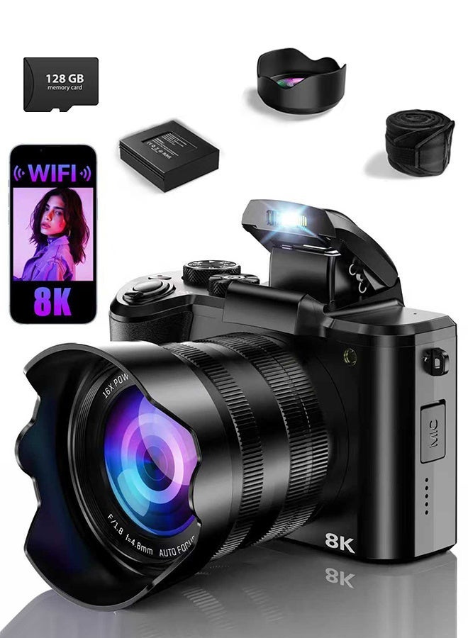 8K Digital Camera, 88MP Cameras for Photography with WiFi & Touch Screen, 16X Zoom Vlogging Camera for YouTube Video, Autofocus & Anti-Shake, Dual Camera, Batteries, 128GB Card, Flash, Lens Hood - Image 1